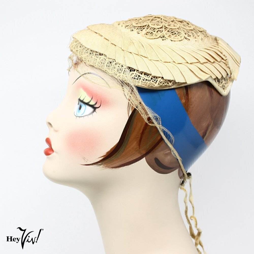 Vintage 50s Cocktail Hat Ivory Intricate Lace Design Rhinestones Veil - Hey Viv